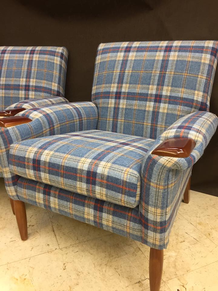 Wooden sofa with plaid design